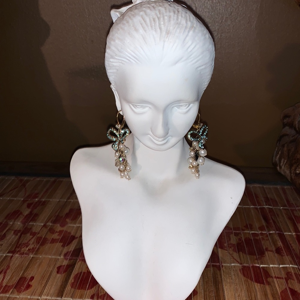Betsey Johnson Blue Bow with pearls and Sequins drop earrings NWT